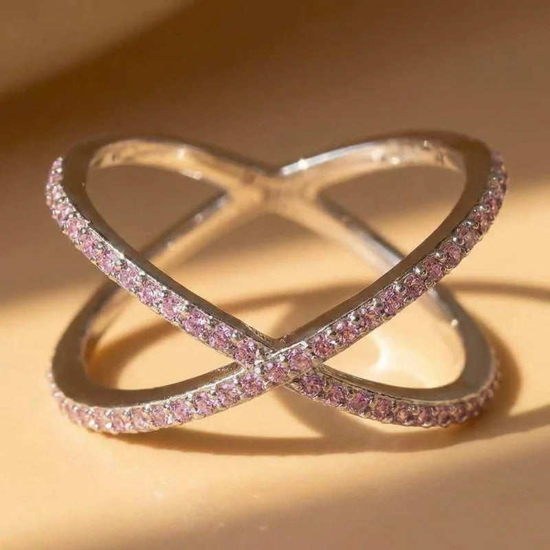 925 Sterling Silver Luxury Cross X Shape Engagement Ring Full Paved CZ Stone Simple Jewellery