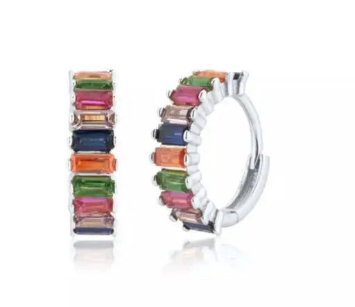 2PCS Stainless Steel Circle Hoop Earrings Colourful Zircon Crystal