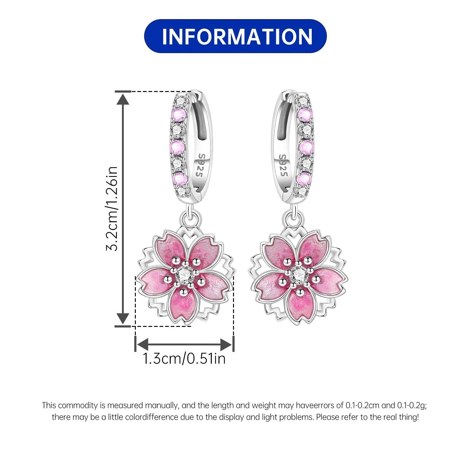 925 Sterling Silver Pink Cherry Blossom Flower Drop Earrings Jewellery Gift