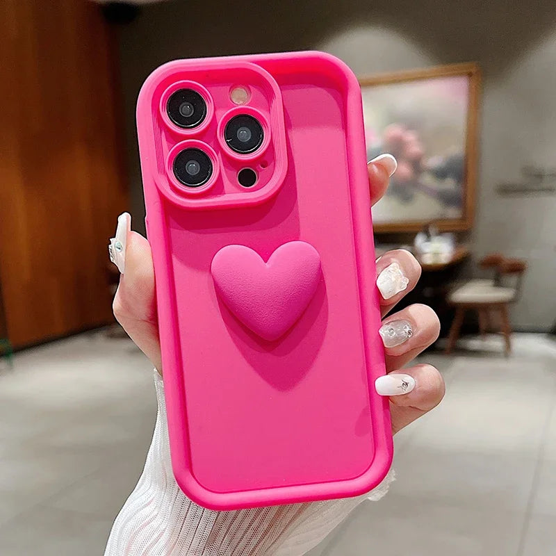 3D Love Heart Pink Matte Case for iPhone 17 16 15 14 13 12 11 Pro Max Plus