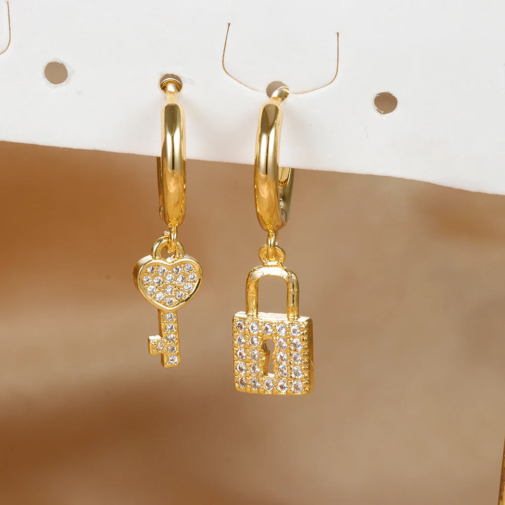 Luxury Zircon Key Lock Asymmetric Hoop Earrings Gold Plated Steel