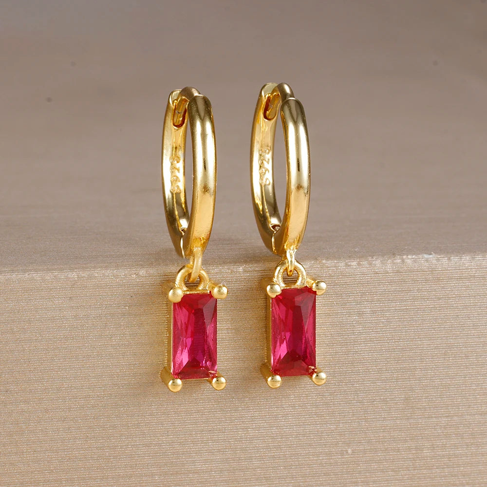 Exquisite Green Zircon Flower Hoop Earrings 18K Gold Plated Steel