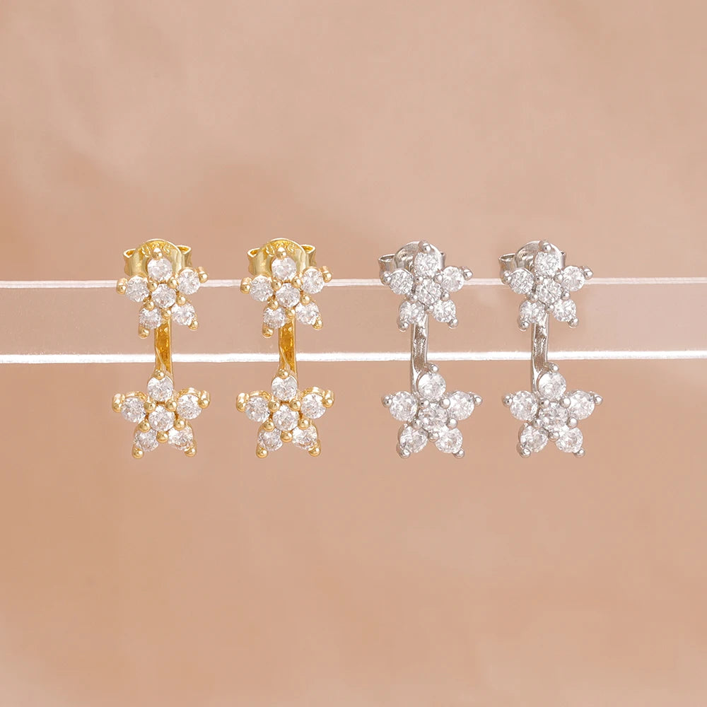 French Design Double Flower Dangle Earrings Stainless Steel Crystal