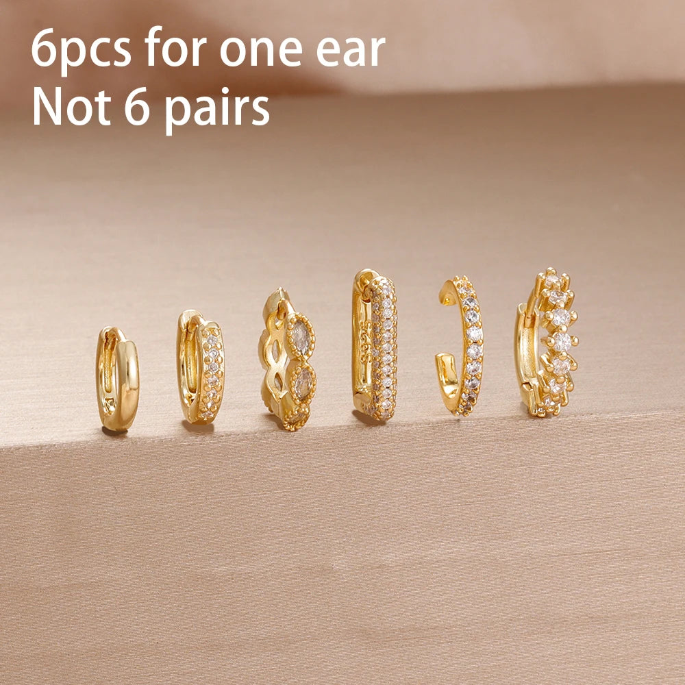 6PCS Exquisite Zircon Geometric Circle Earrings Set Gold Colour Steel