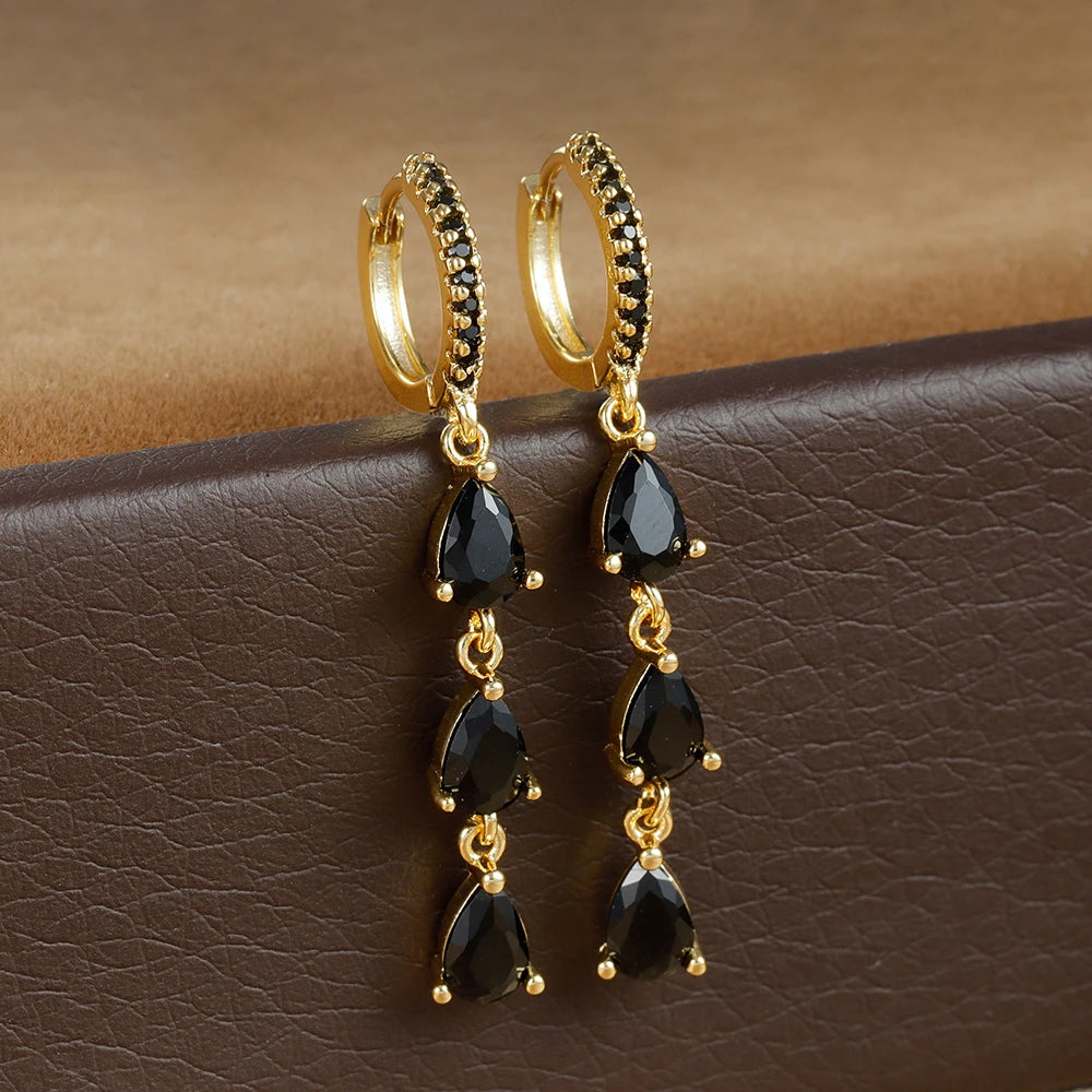 2PCS Luxury Stainless Steel Water Drop Pendant Earrings CZ Zircon