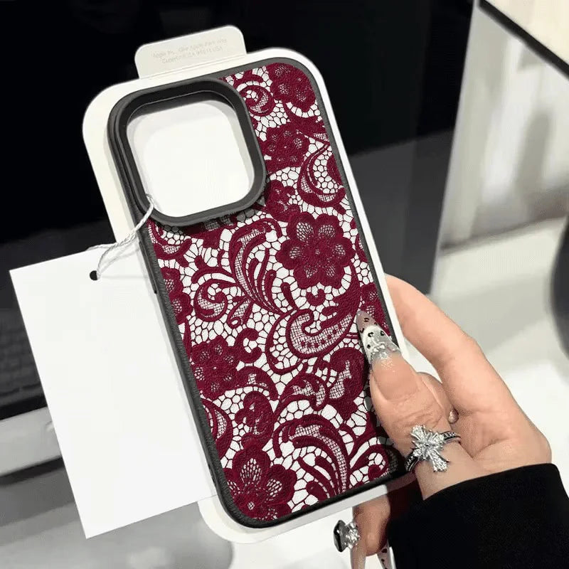 Red Lace Design Lychee Case for iPhone 17 16 15 14 13 12 Pro Max