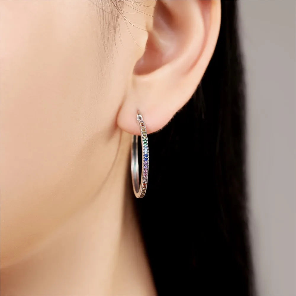 925 Sterling Silver Rainbow Gradient Versatile Hoop Earrings Fine Birthday Gift