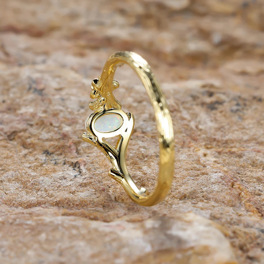 Charm Plant Flower Ring Gold Color White Fire Opal Rings For Women Zircon Wedding Bands Oval Stone Engagement Ring Jewelry Gifts