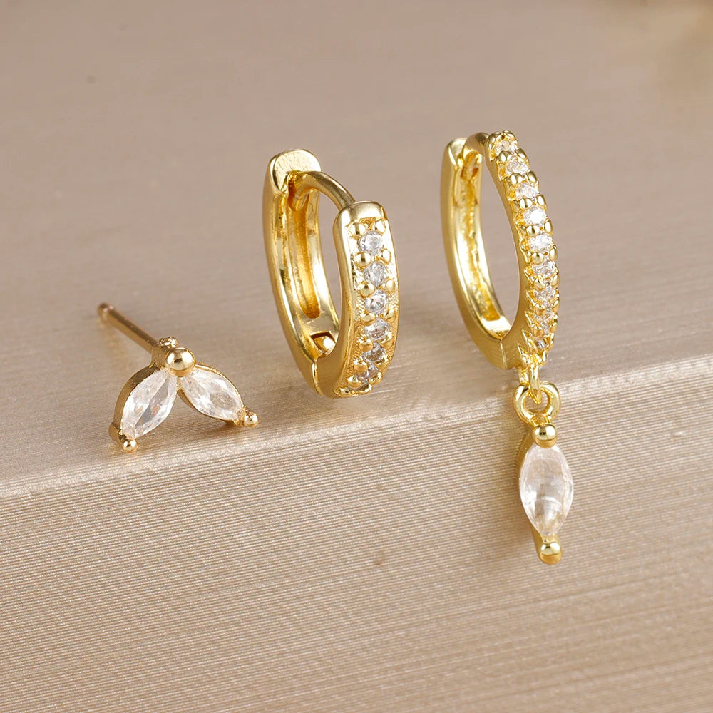 3PCS Gold Plated Chain Zircon Hanging Earrings Stainless Steel Flower
