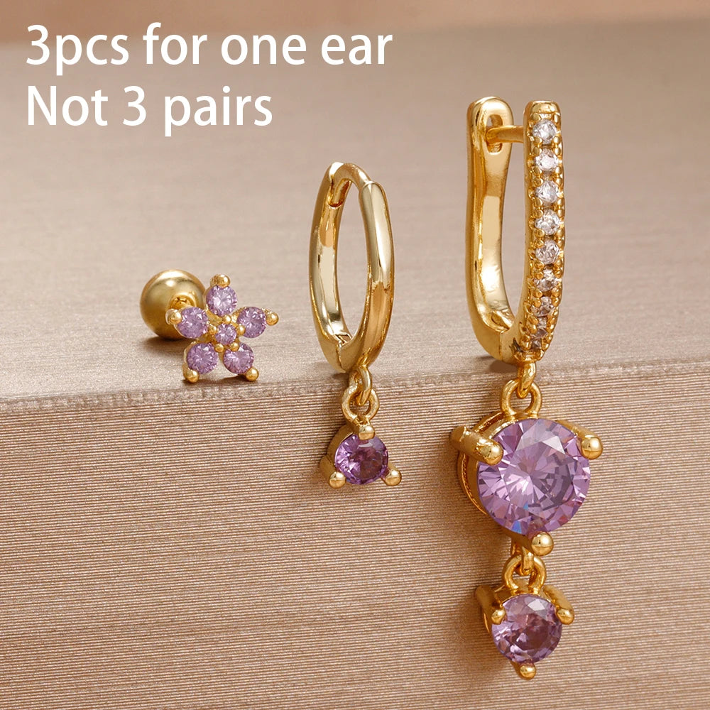 3PCS Purple Zircon Hoop Earrings for Women Stainless Steel Gold Pendant