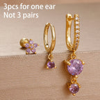 3PCS Purple Zircon Hoop Earrings for Women Stainless Steel Gold Pendant