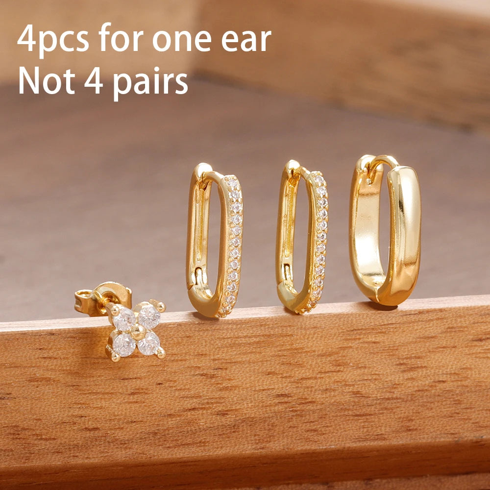 4PCS Simple Zircon U-Shape Hoop Earrings Set Stainless Steel Flower