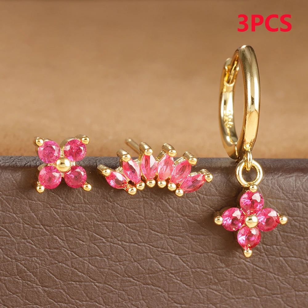 3PCS Zircon Flower Pendant Earring Sets Stainless Steel Cartilage