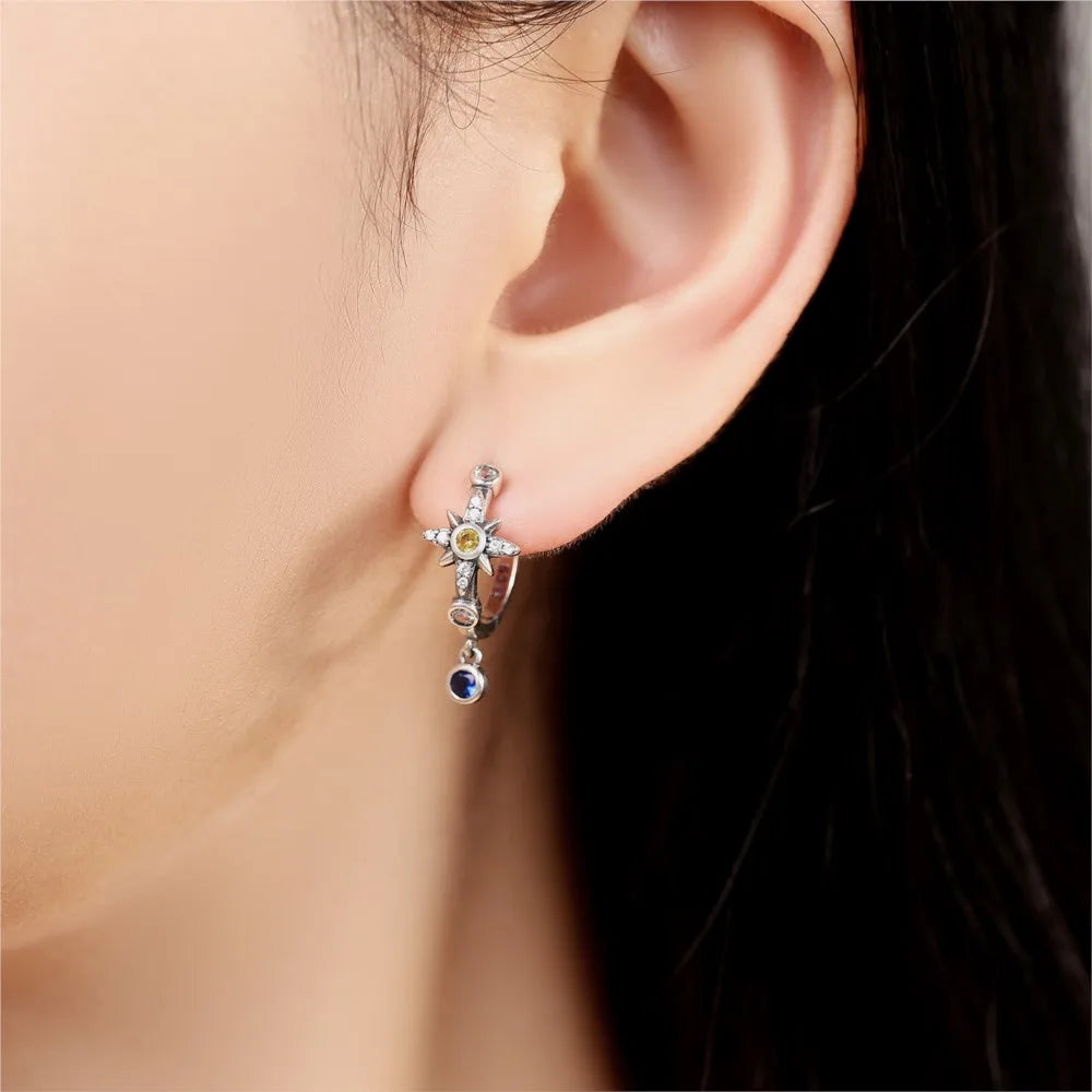 925 Sterling Silver Mysterious Star Moon Versatile Hoop Earrings Women's Gift