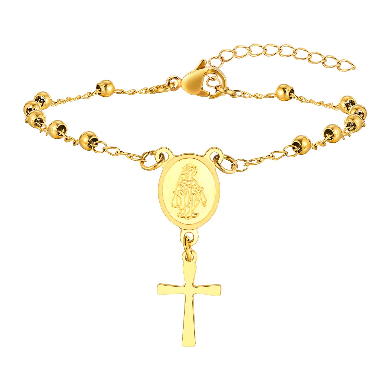 Stainless Steel Virgin Mary St Benedict Cross Bracelet, Bead Chain Bracelet Women Religious Jewelry
