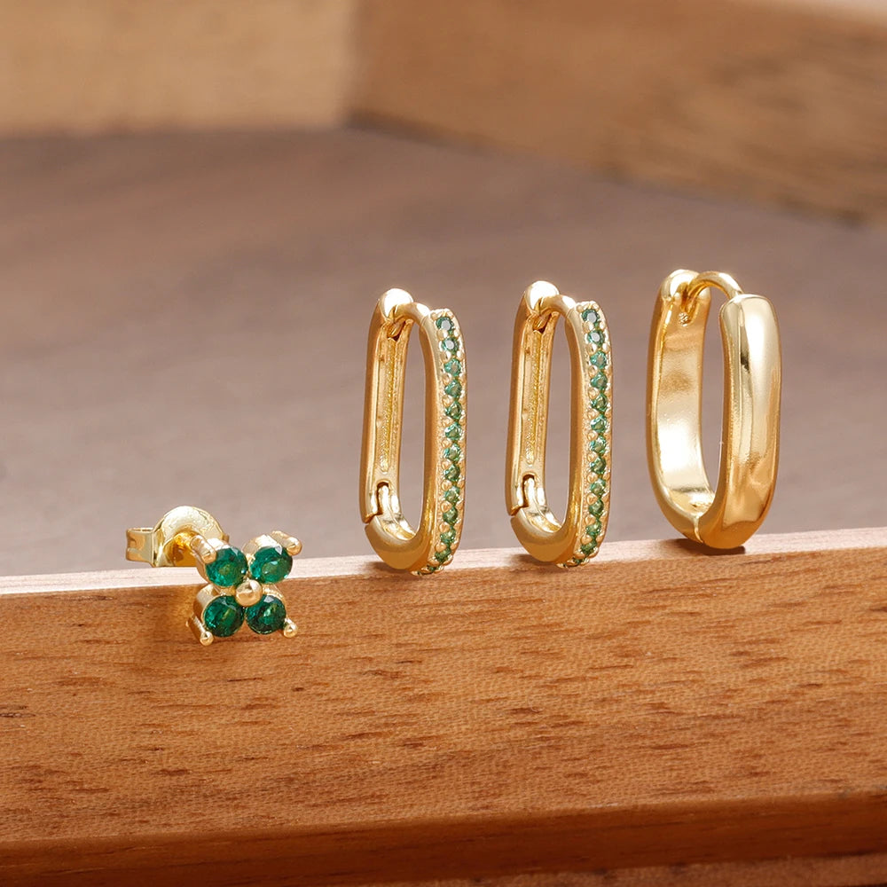 4PCS Simple Zircon U-Shape Hoop Earrings Set Stainless Steel Flower