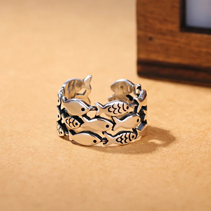 925 Sterling Silver Three Layers Fish Adjustable Ring Engagement Wedding Vintage Accessory