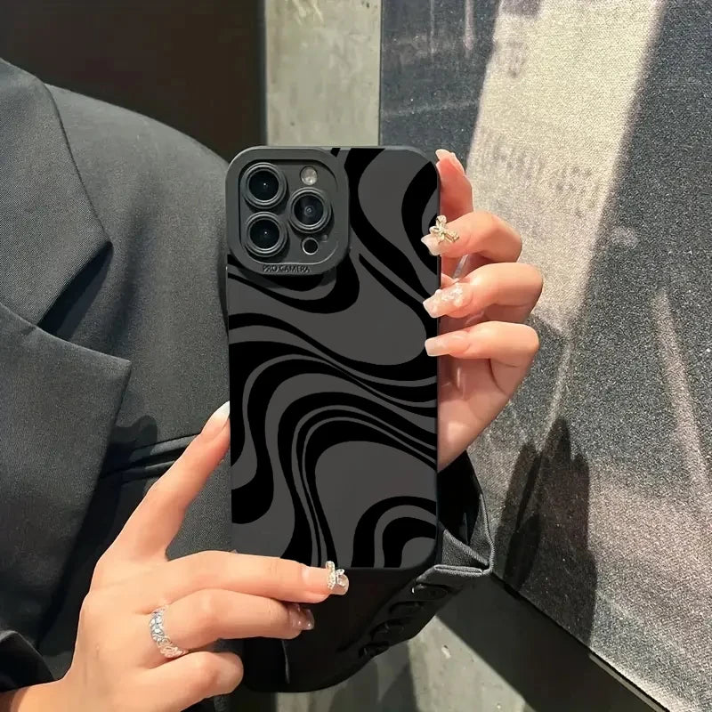 Black Wave Pattern Print Case for iPhone 16 15 14 13 12 Pro Max