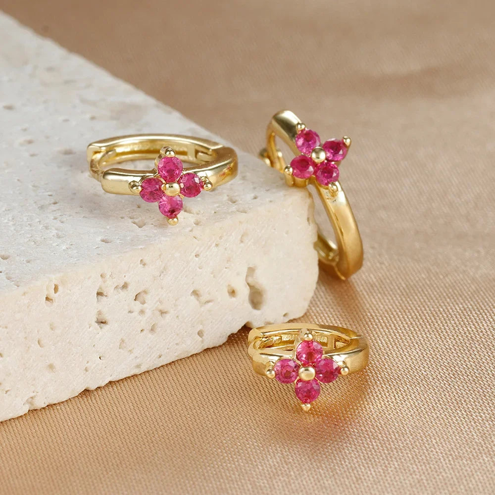 3PCS Simple Flower Zircon Hoop Earrings 18K Gold Plated Steel
