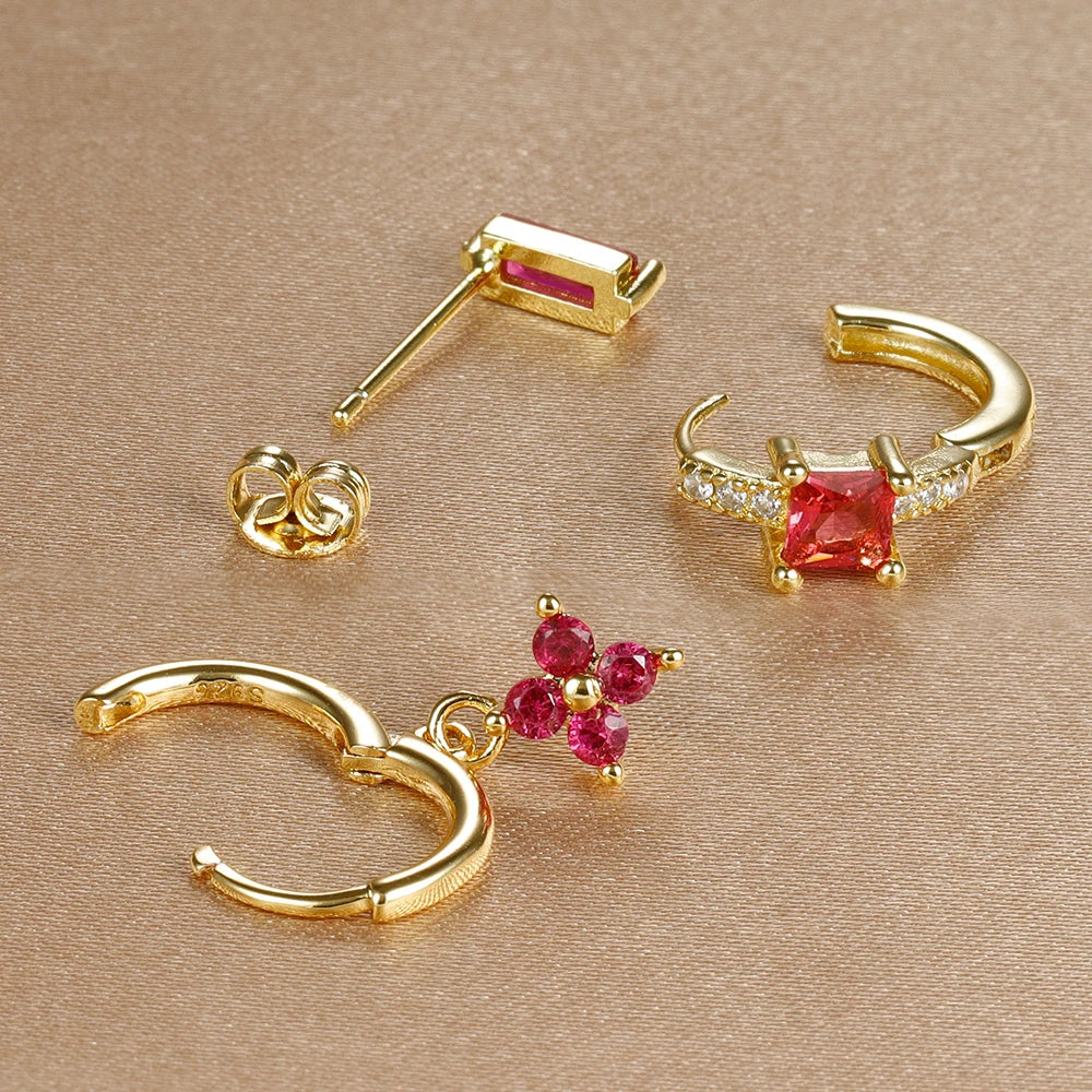 3PCS Stainless Steel Flower Crystal Zirconia Hoop Earrings Square