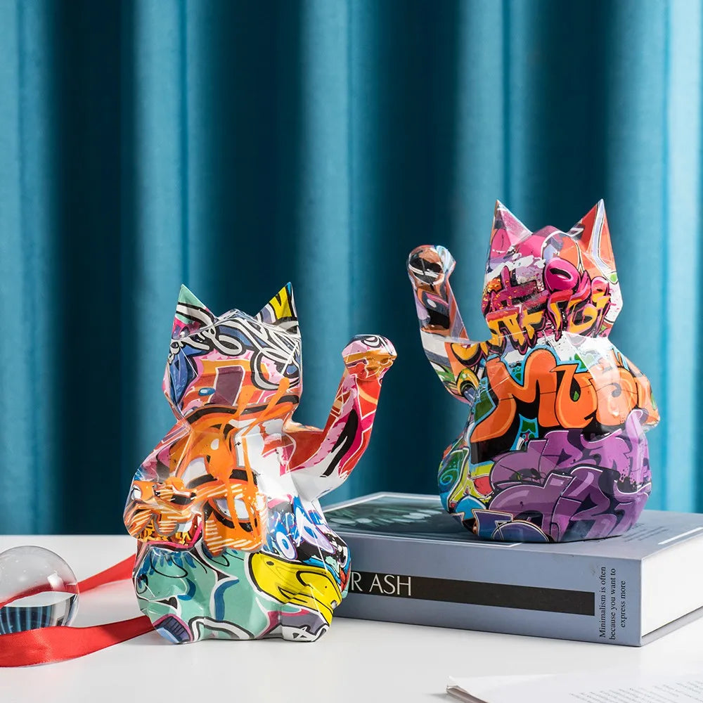 Geometric Abstract Lucky Cat Home Shop Decoration Resin Figurines Wall Shelf Modern Art