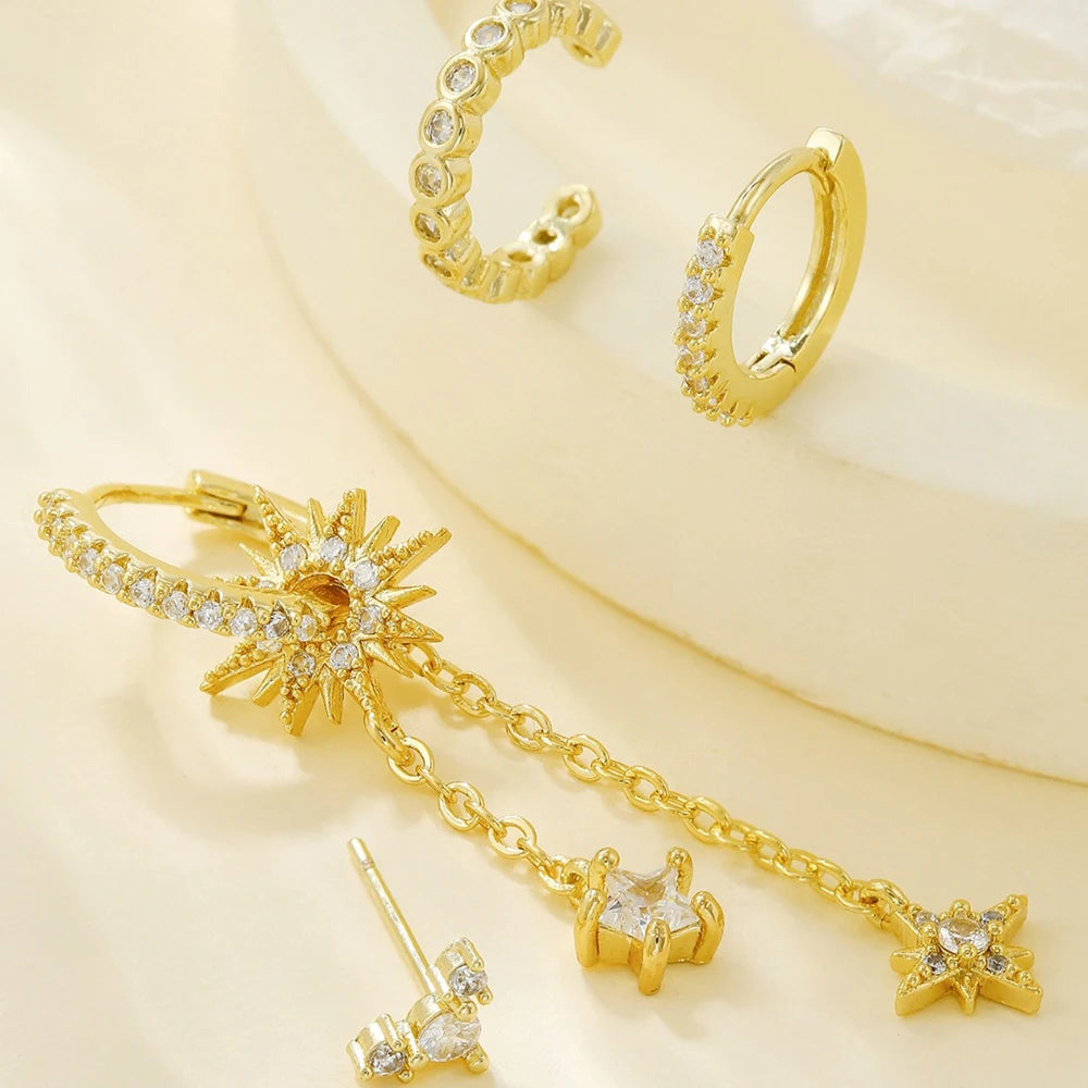 Vintage Stainless Steel Zirconia Sun Star Dangle Earrings Punk Rock