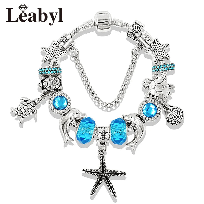 Classic Dolphin Charm Bracelet Blue Murano Crystal Glass DIY Bead Bangle