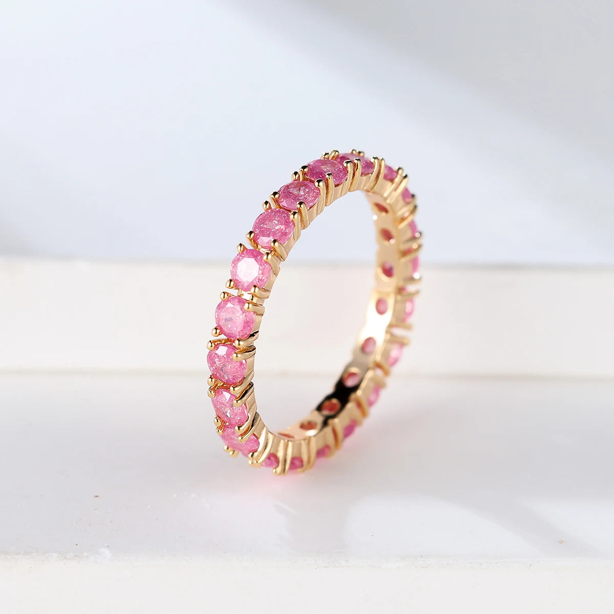 Stacking Single Row Stone Blue Green Pink Ice Flower Zircon Engagement Rings For Women Gold Color Round Wedding Bands Jewelry CZ