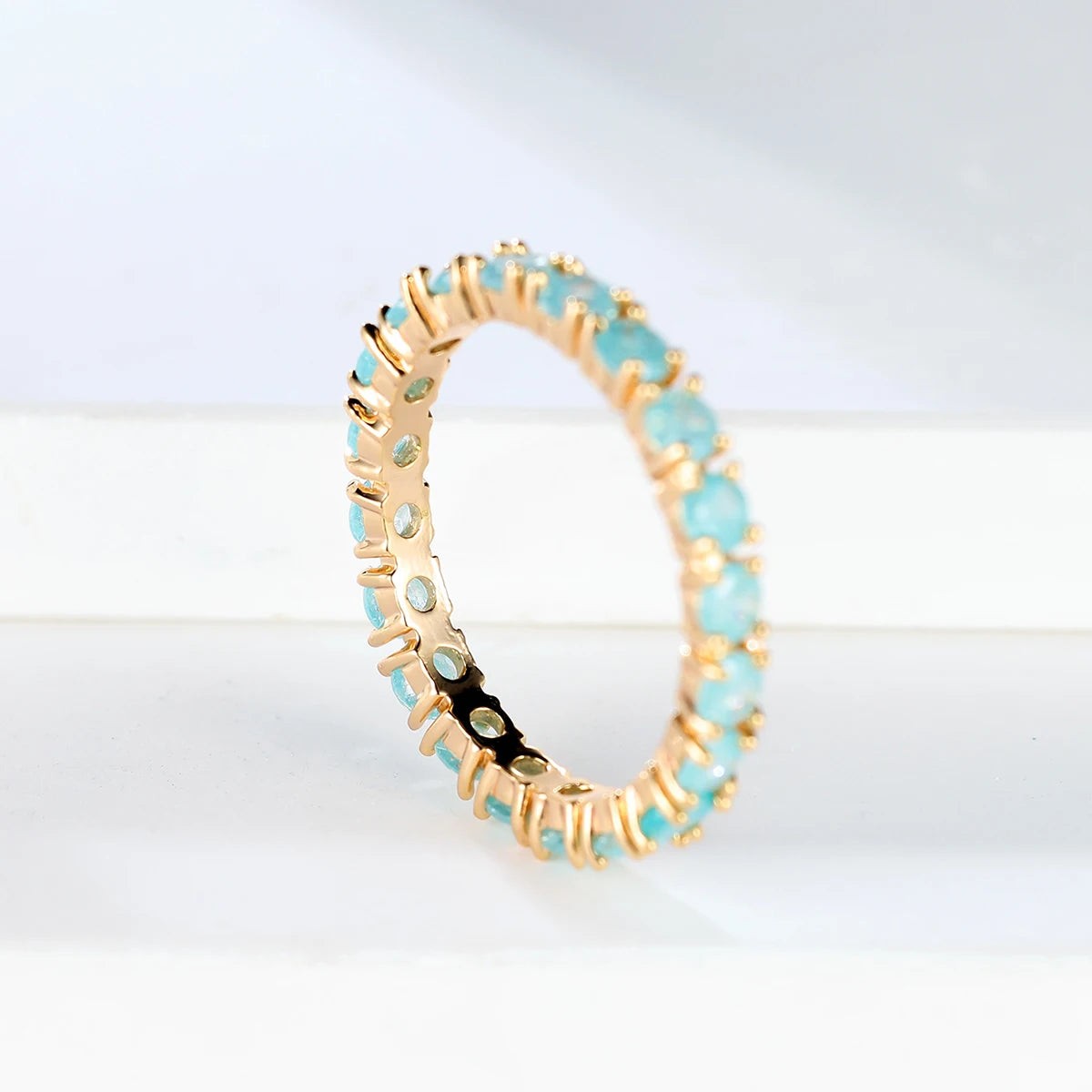 Fashion Single Row Stone Blue Green Pink Ice Flower Zircon Stacking Engagement Rings For Women Gold Color Round Wedding Bands