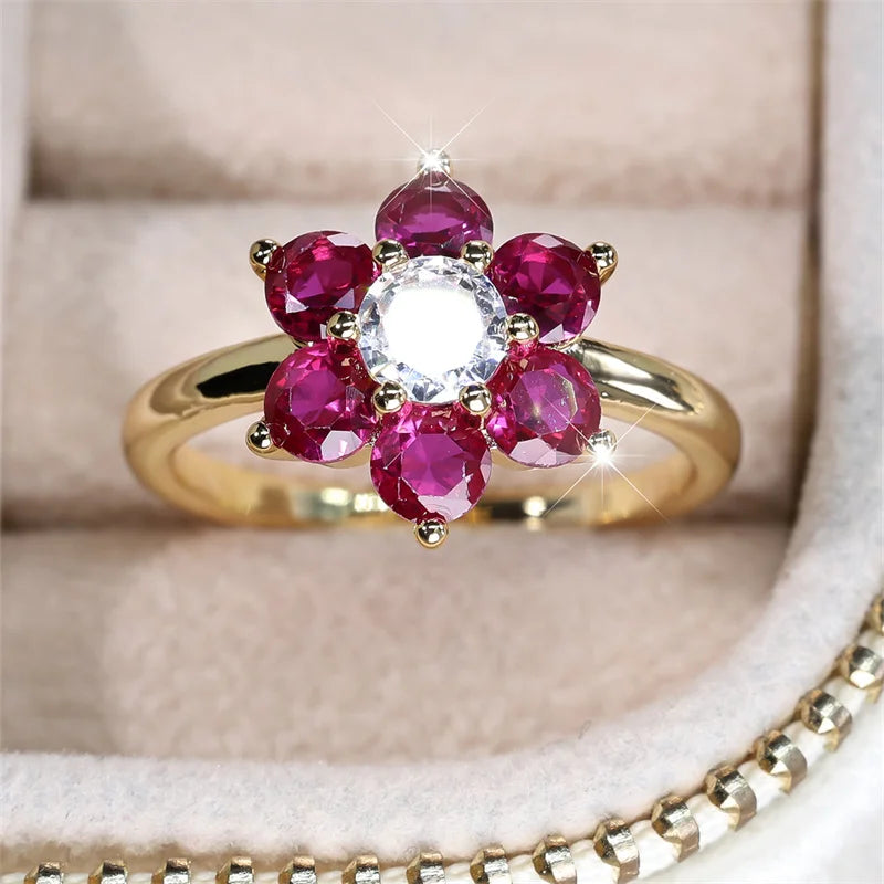 Charm Cherry Flower Rings For Women Rose Red Stone Cocktail Ring Wedding Bands Antique Gold Color CZ Engagement Party Jewelry
