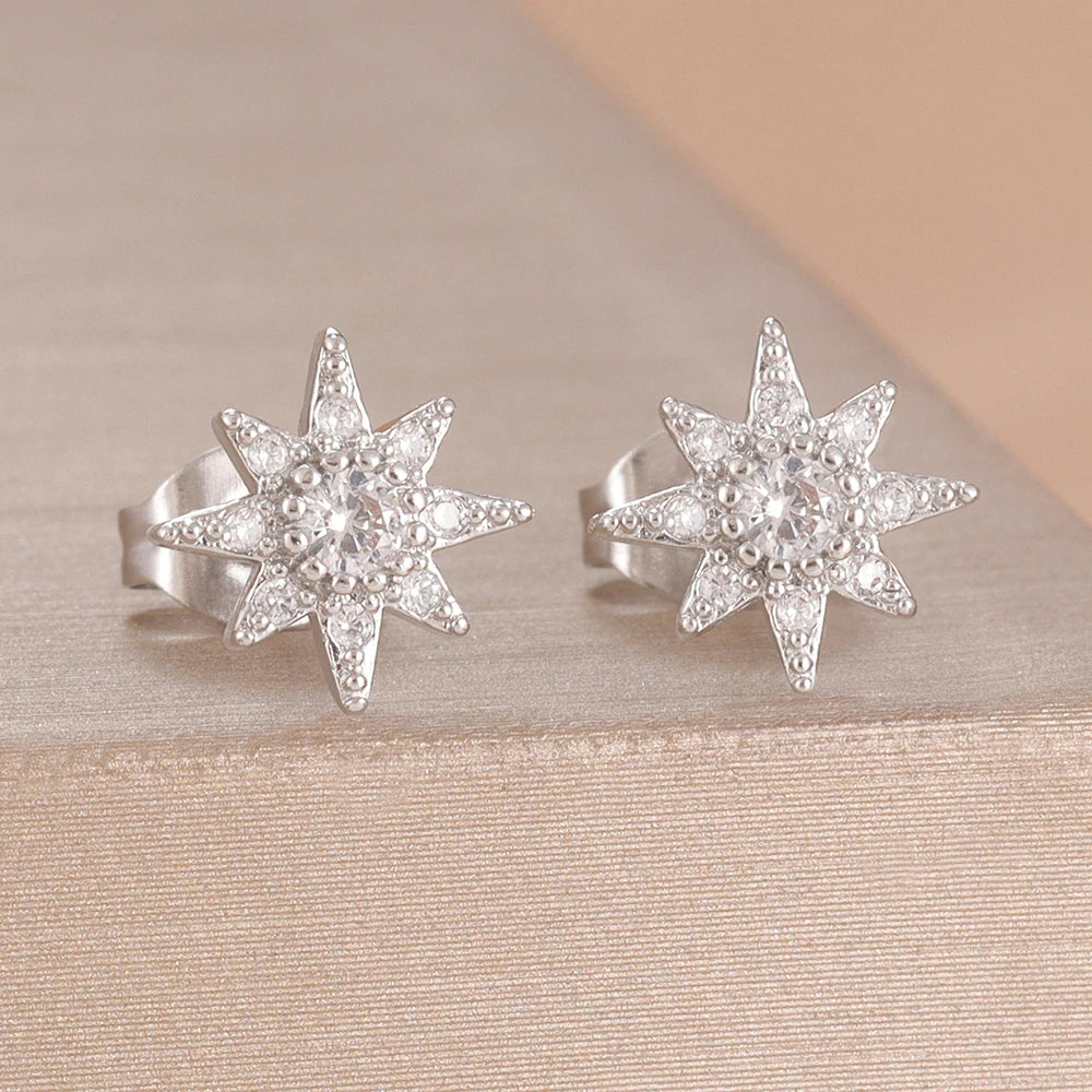 2PCS Fashion Geometry Zirconia Twinkle Star Stud Earrings Shinny