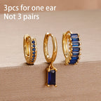 3PCS Cute Flower Stainless Steel Blue Zircons Small Hoop Earrings
