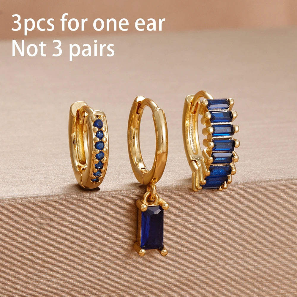 3PCS Cute Flower Stainless Steel Blue Zircons Small Hoop Earrings