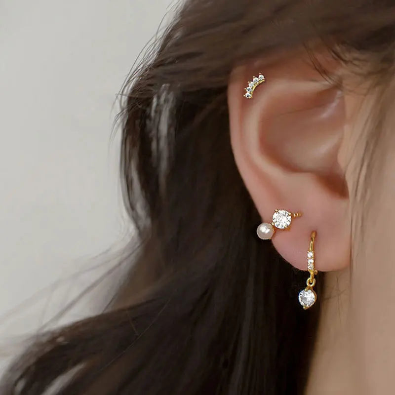 2023 New Gold Colour Pearl Zircon Small Hoop Earrings Korean 6-10mm