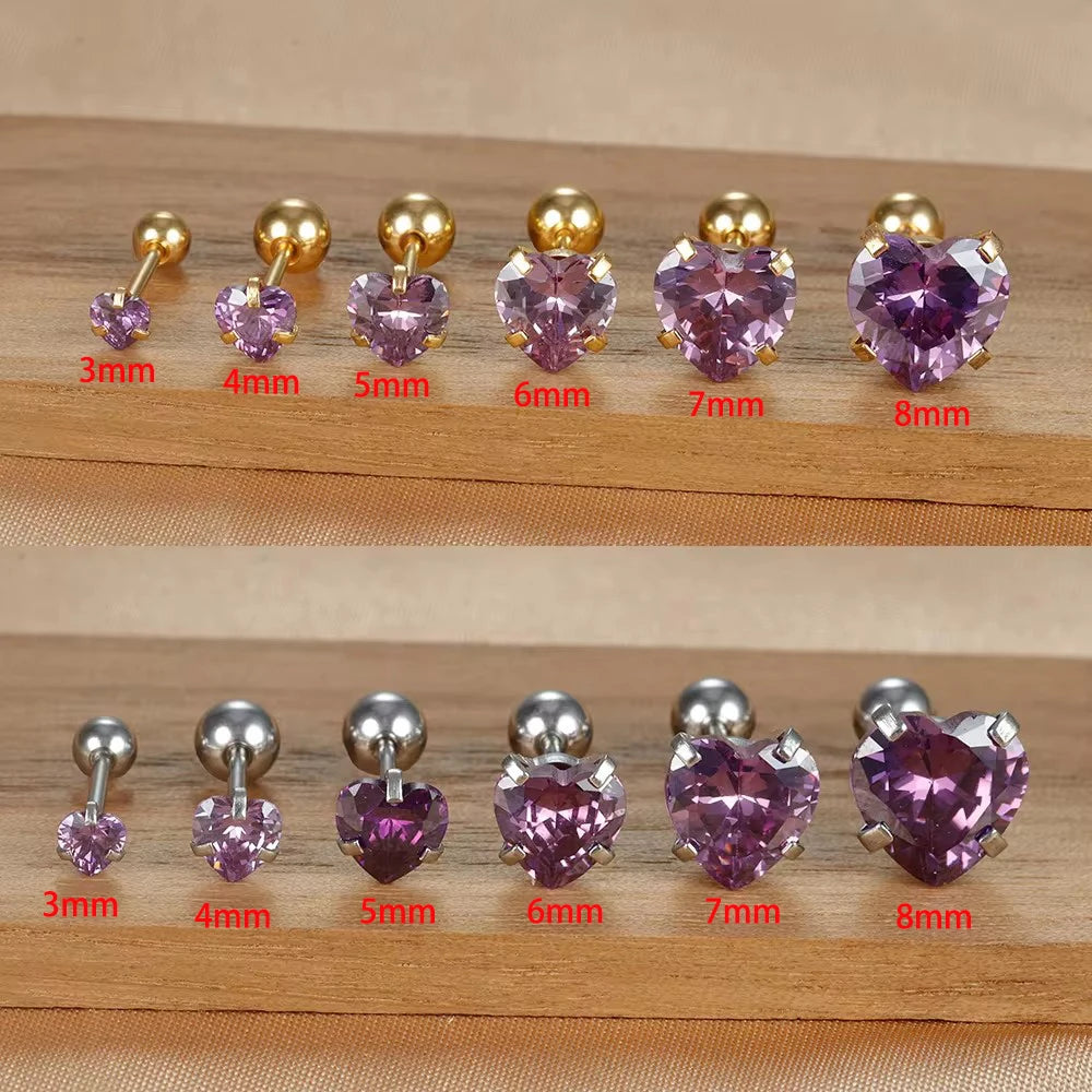 1PC Heart Stainless Steel Ear Studs Purple Crystal Stud 3-8mm