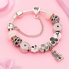 Antique Silver Castle Heart Minnie Mickey Charm Bracelet Pink Crystal Gift
