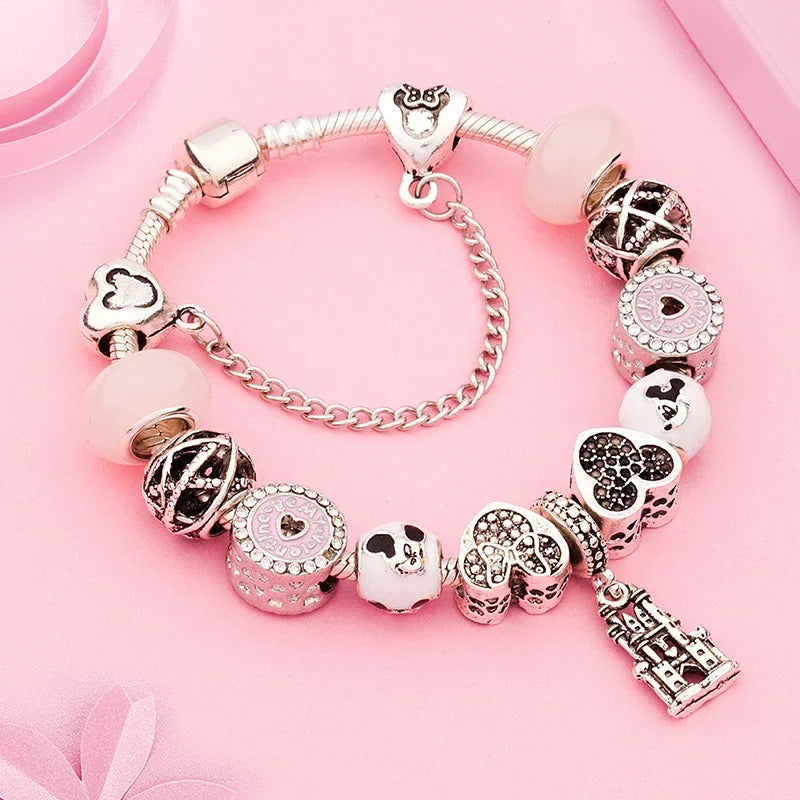 Antique Silver Castle Heart Minnie Mickey Charm Bracelet Pink Crystal Gift