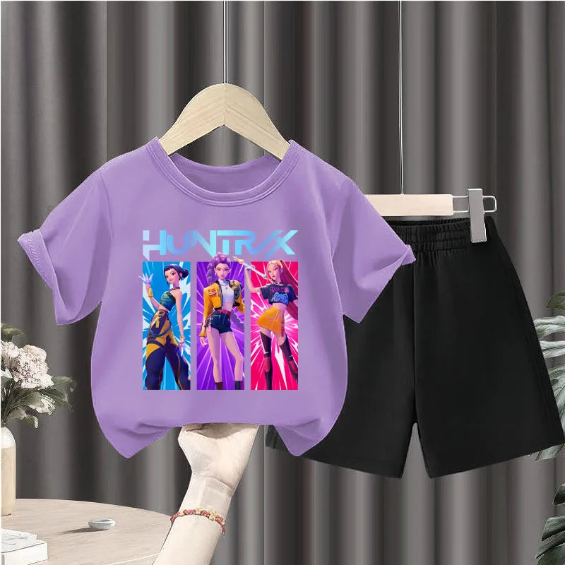 K-pop Girls Summer Casual T-Shirt and Shorts 2-Piece Fashion Outfit