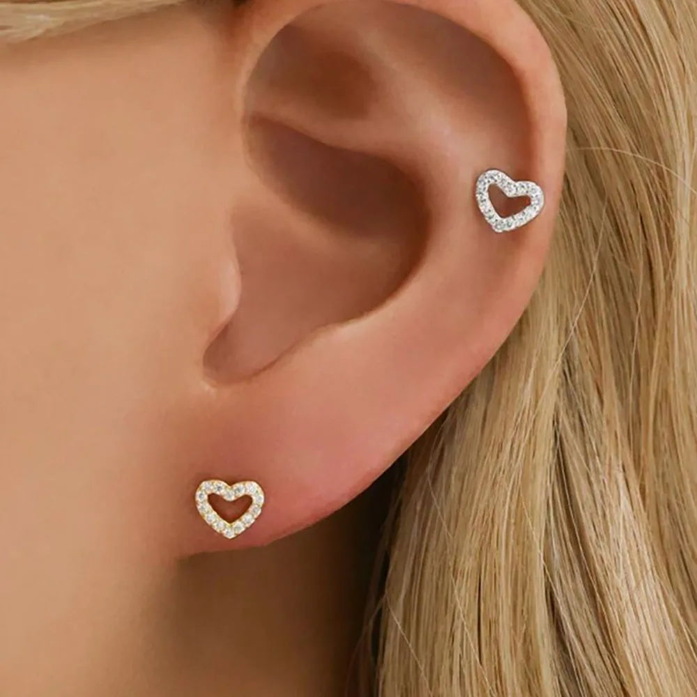 1Pair Stainless Steel CZ Zircon Heart Earrings Gold Colour Studs