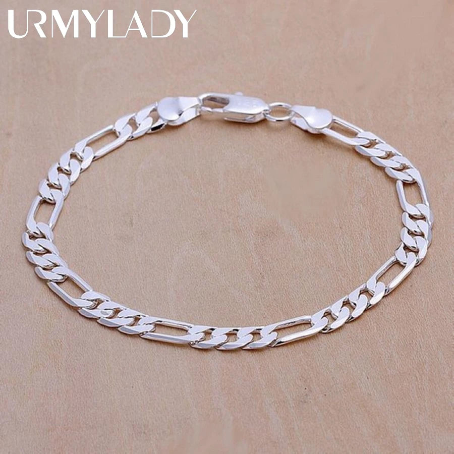 6mm Solid Chain Bracelet 20cm 925 Sterling Silver Men Women Wedding Gift