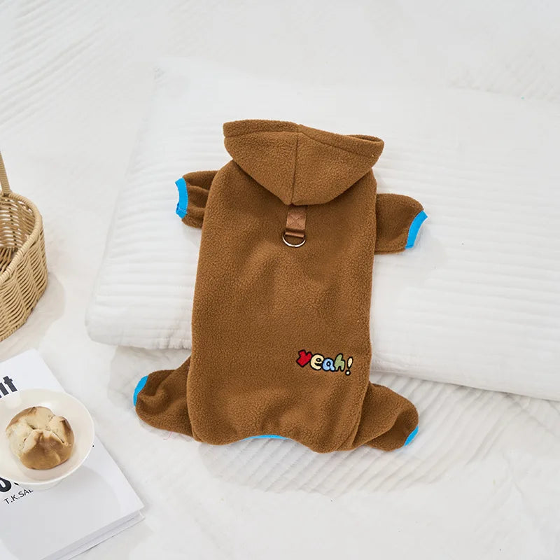 Winter Fleece Dog Jumpsuit Hoodie Warm Puppy Coat with D-Ring Outfit