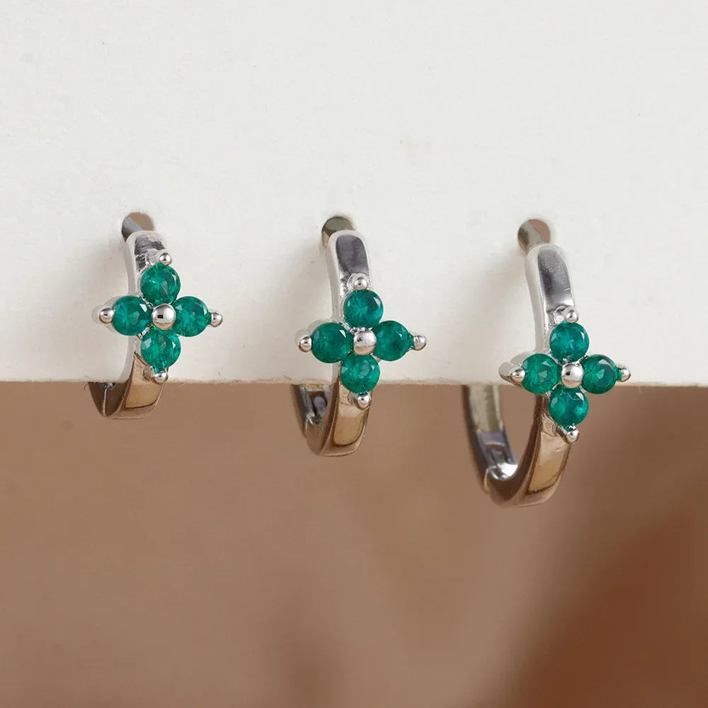 3PCS Simple Flower Zircon Hoop Earrings 18K Gold Plated Steel