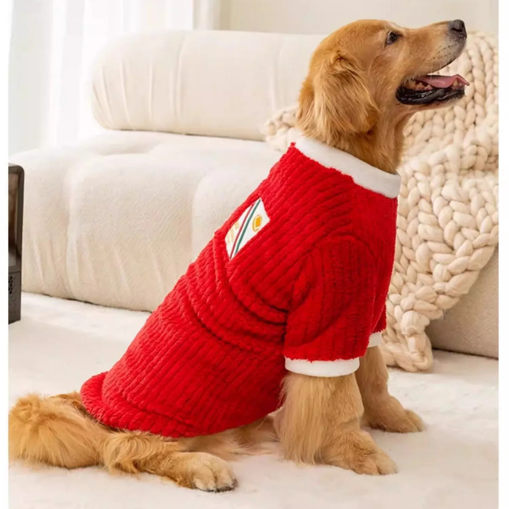 Jolly Red Plush Dog Coat for Large Breeds - Warm & Festive Hoodie for Golden Retriever, Husky, Holiday Celebration