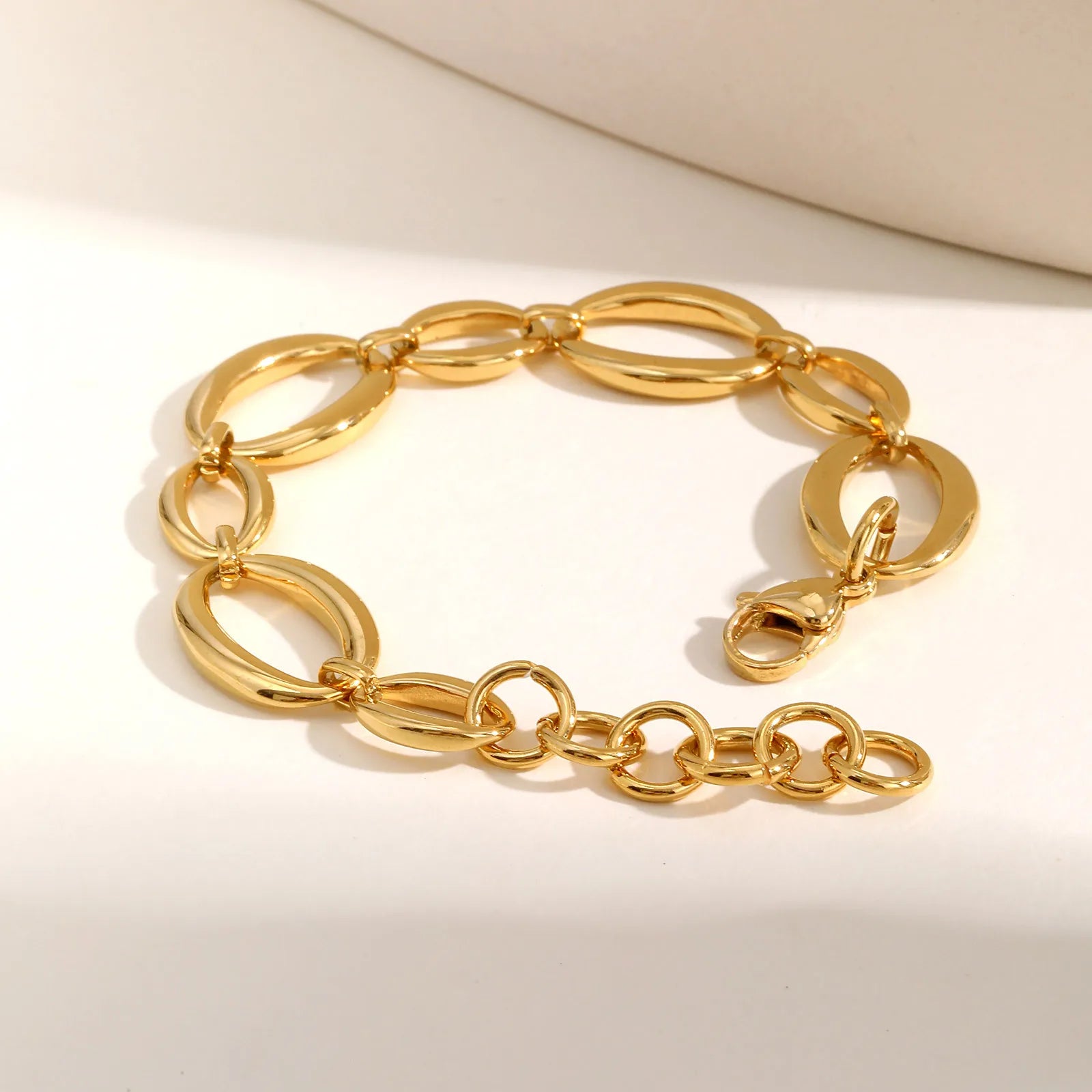 Stainless Steel Oval Fancy Link Chain Bracelets For Women, Chunky Thick Geometric Bangle Hypoallergenic Jewelry
