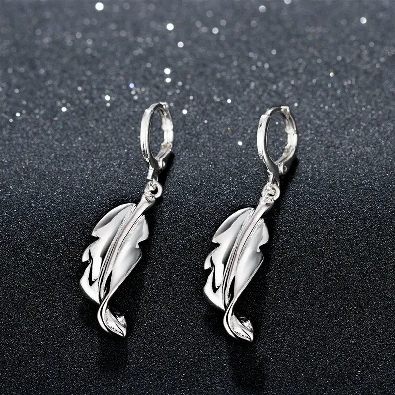 925 Sterling Silver 40mm Feather Earrings Women Fashion Charm Wedding Gift