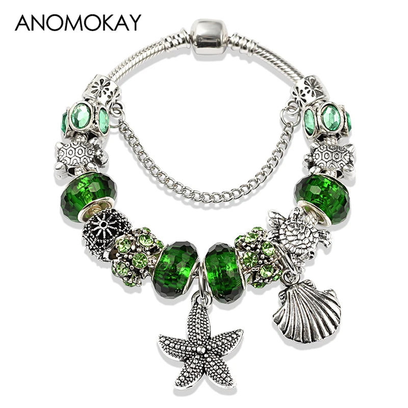 Classic Dolphin Charm Bracelet Blue Murano Crystal Glass DIY Bead Bangle