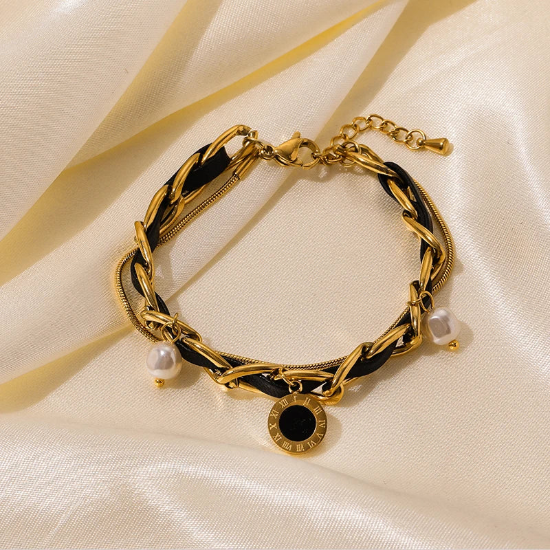 Gold Colour Multilayer Stainless Steel Charm Bracelet Men Women Bangle