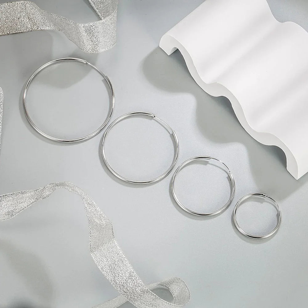 Genuine 925 Sterling Silver Round Hoop Earrings Women New Fashion Jewellery