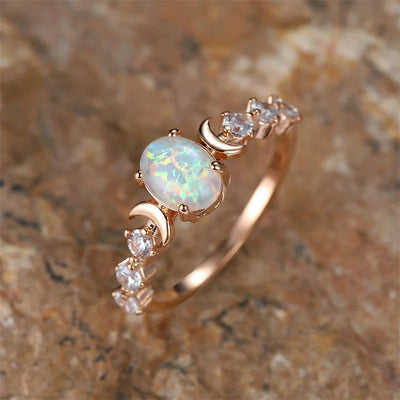 Rainbow White Fire Opal Ring Silver Rose Gold Color Small Moon Rings For Women Wedding Bands Oval Stone Engagement Ring Jewelry