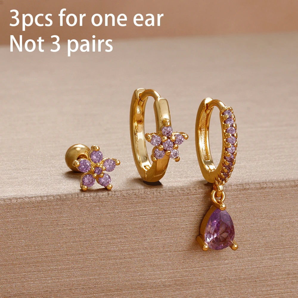 3pcs Purple Cubic Zirconia Piercing Earring Set Stainless Steel